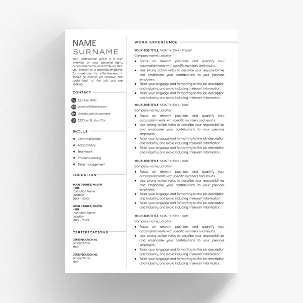 Modern Resume Template Google Docs - A4 Format, MS Word Compatible