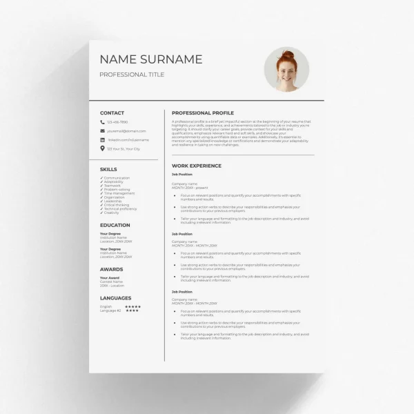 One Page Resume - Google Docs Template MS Word Compatible Instant Download