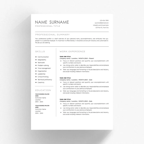 2 Column Resume Template ATS - Modern Dual-Layout Design Optimized for ATS Readability
