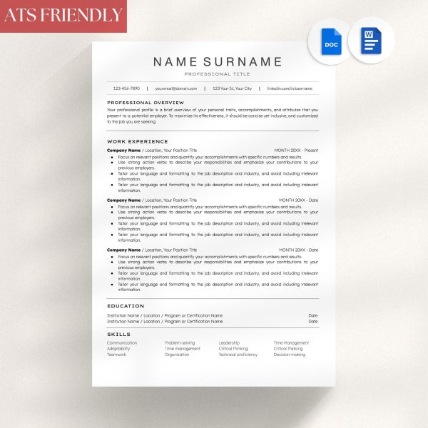 ATS Resume Google Docs Resume Template for Word Clean CV Template Resume and Cover Letter Template Resume template modern
