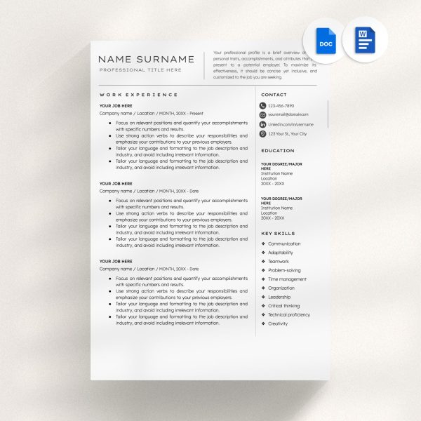 Modern Resume Template with Cover Letter Simple One Page CV Modern Executive Resume Template for Word Business Resume Template