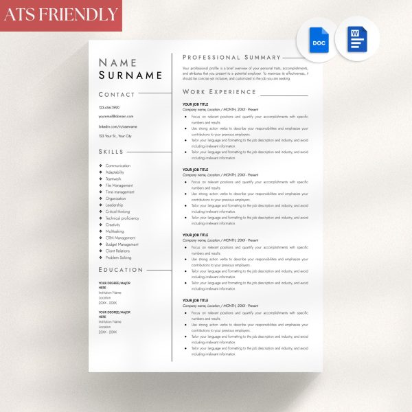 ATS Resume Template Google Docs Word Resume ATS Resume Format Professional Resume Template Executive Resume Ats friendly CV
