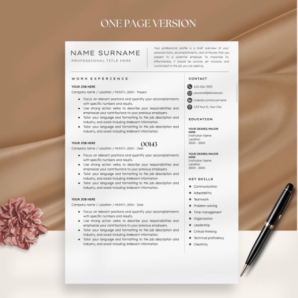 Modern Resume Template with Cover Letter Simple One Page CV Modern Executive Resume Template for Word Business Resume Template - Image 2