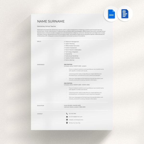 Modern Resume Template for Google Docs Microsoft Word CV Template Resume and Cover Letter Template Word Teacher Resume One Page