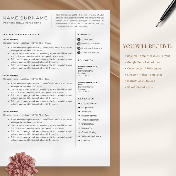 Modern Resume Template with Cover Letter Simple One Page CV Modern Executive Resume Template for Word Business Resume Template - Image 5