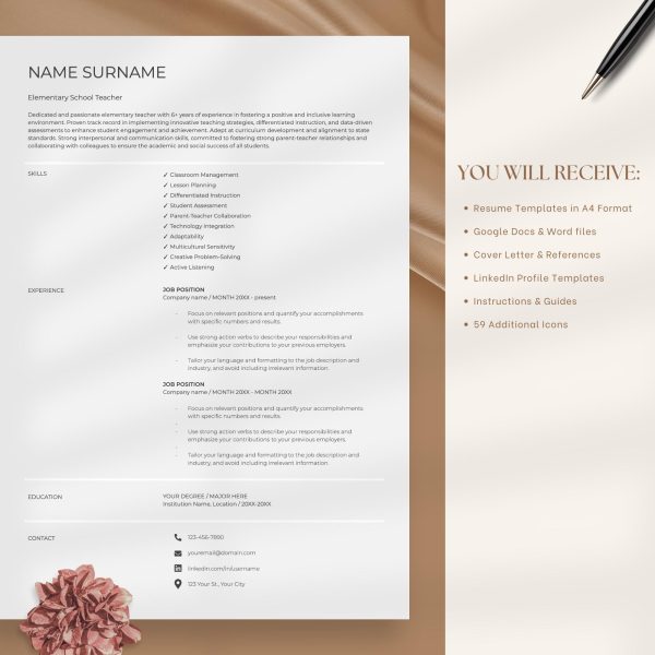 Modern Resume Template for Google Docs Microsoft Word CV Template Resume and Cover Letter Template Word Teacher Resume One Page - Image 5