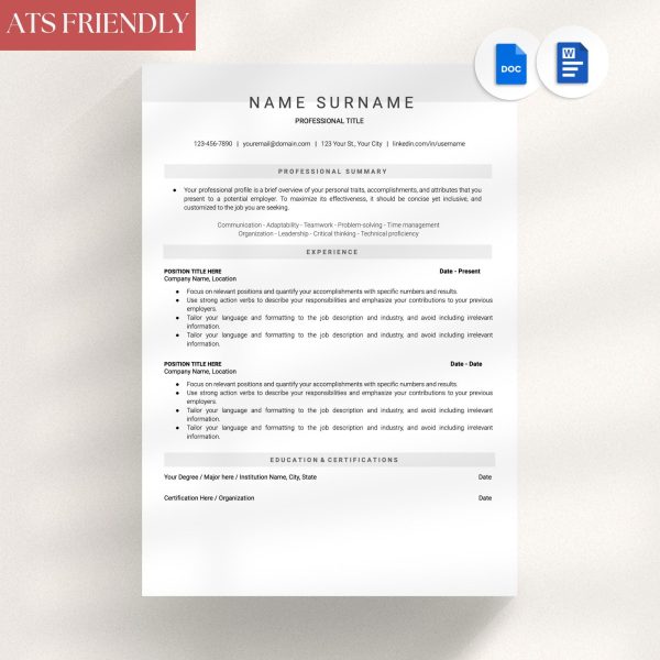 Clean Minimalist Resume Template - Google Docs Word - Executive cv with Cover Letter and Icons Included A4