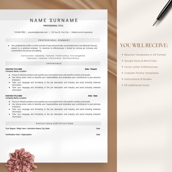 Clean Minimalist Resume Template - Google Docs Word - Executive cv with Cover Letter and Icons Included A4 - Image 5