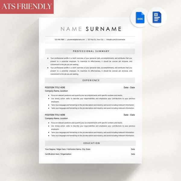 ATS Resume Template ATS Friendly Resume Template Word Resume Template Google Docs Simple Resume Template Resume Template Minimalist