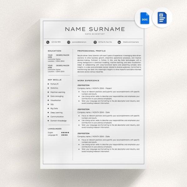 Data Science Resume Template Google Docs - Easy to Use Modern Professional Resume Clean CV Template