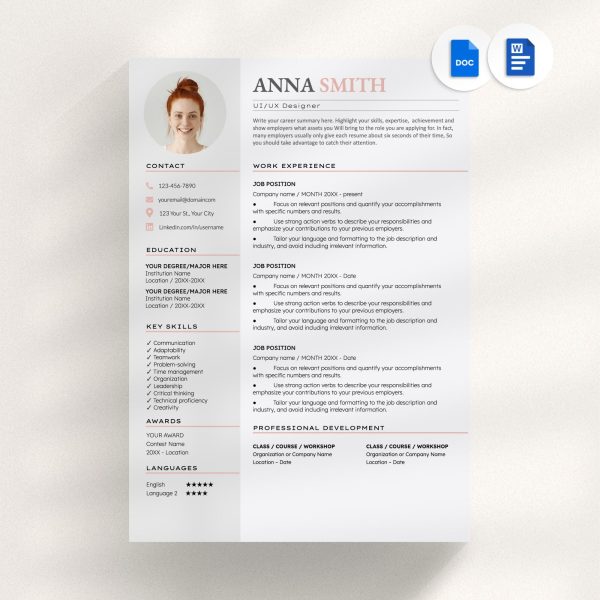 Resume Template with Photo Professional Resume Template for Word & Google Docs Clean CV Template with Picture Resume and Cover Letter