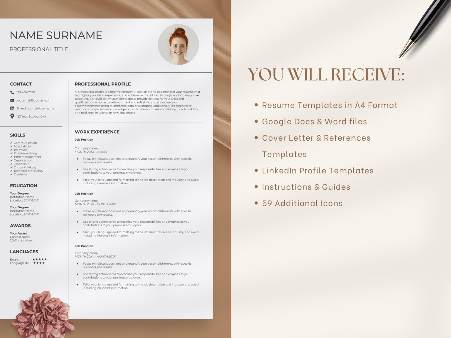 One Page Resume - Google Docs Template MS Word Compatible Instant ...