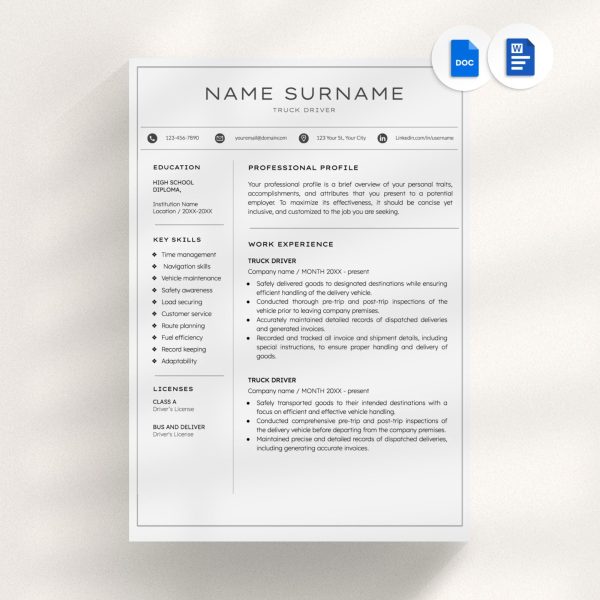 Resume Template for Truck Driver - Made in Google Docs CV Template For Delivery Driver