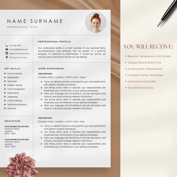 Professional Resume Template Google Docs Word Cover Letter & References Template Modern Minimalist CV Template Executive Resume - Image 5