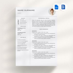 Nanny Resume Template - Professional Designs for Nannying Babysitting and Self-Employed Nannies Google Docs and Word