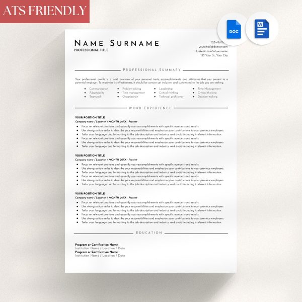 Clean Resume Template For Google Docs Executive ATS Friendly Resume Template Word Minimalist Simple Creative Modern CV Template Pages