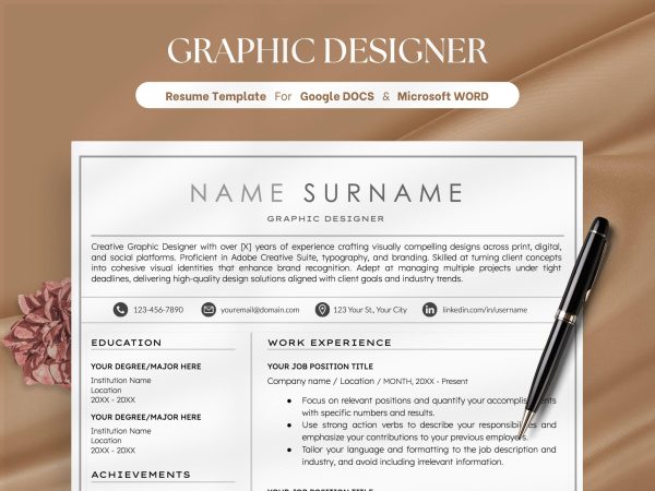Creative & modern Resume CV Template for Word Professional Resume CV design Cover Letter References Instant Download Graphic Designer