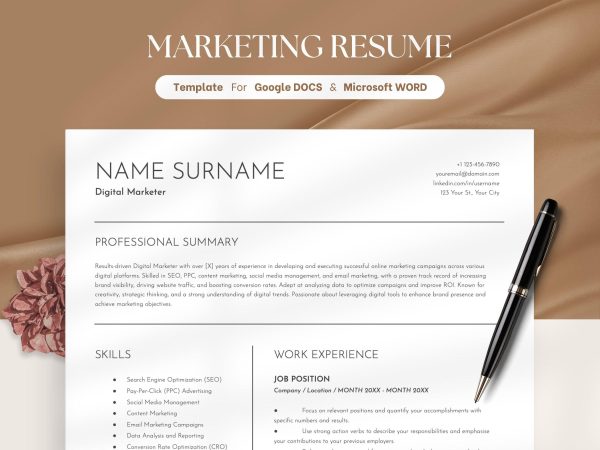 Modern Resume Template for Google Docs Word Resume Resume & Cover Letter Template CV Template Minimalist Resume Marketing Resume