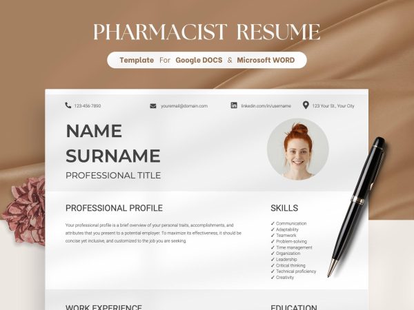 Professional Pharmacist Resume Template for Word Google Docs Minimalist Resume Resume CV Instant Download