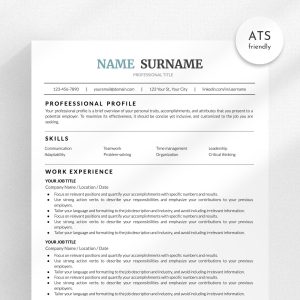 ATS Friendly Resume Template for Microsoft Word and Google Docs Cover Letter and References Resume Template Instant Download CV Template