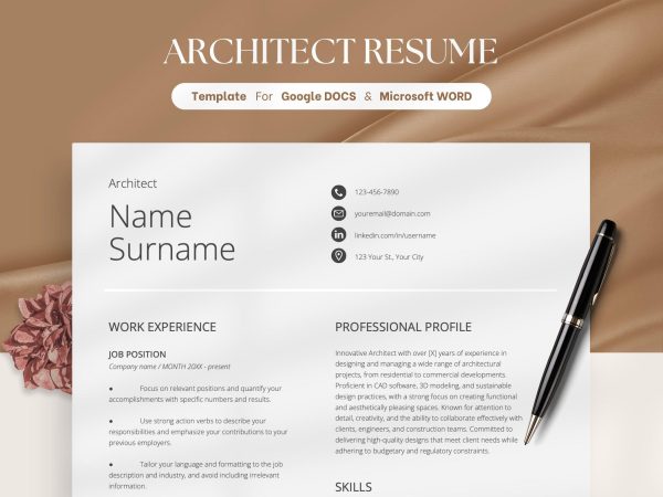 Resume Template Word Google Docs Professional Resume CV Template Modern Resume Minimalist Resume CV Resume Architecture Resume