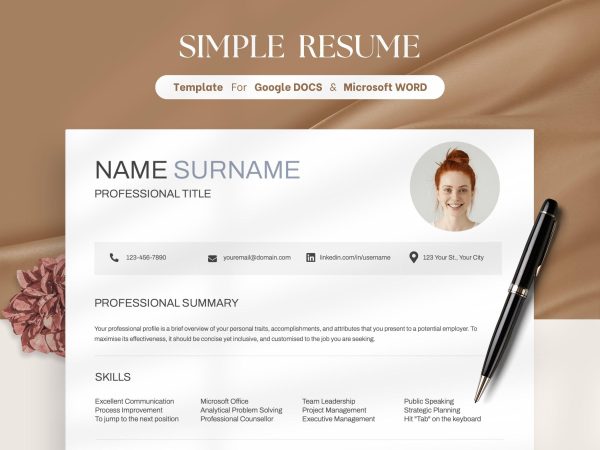 One Page Resume Template Google Docs Simple Word Cv Template Professional Resume and Cover Letter Template Clean Resume Design
