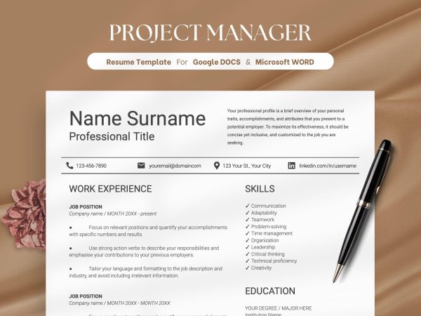 Executive Resume Template for Google Docs Word Resume with Cover Letter Professional CV Template for Google Docs Project Manager
