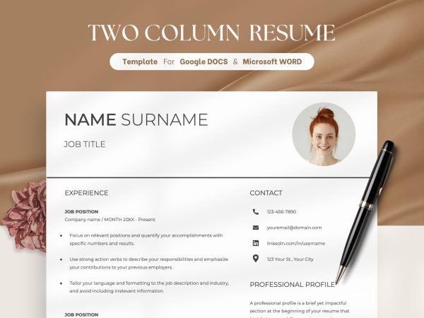 Resume Template with Photo Professional Resume Template for Word Clean CV Template with Picture Resume Cover Letter Template Two Column