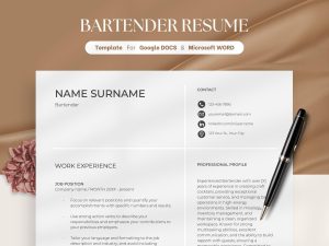 Hospitality Resume Template Word Google Docs Restaurant Resume Bartender Resume Waitress Resume CV Template