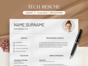 Resume for Developer ATS Friendly Tech Resume Template IT Computer Science Resume for Google Docs & Word Modern Minimalist Resume