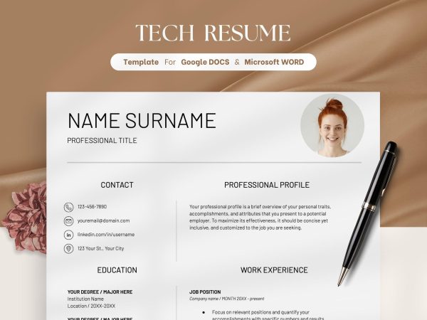 Resume for Developer ATS Friendly Tech Resume Template IT Computer Science Resume for Google Docs & Word Modern Minimalist Resume