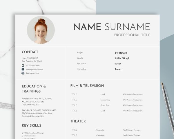 Creative Resume Template Google Docs for Actor - Modern Acting CV