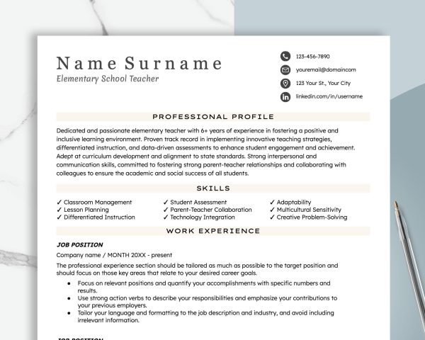 Teacher Resume Template for Word  Teacher Resume CV Creative Education Resume Elementary Resume Resume Teacher