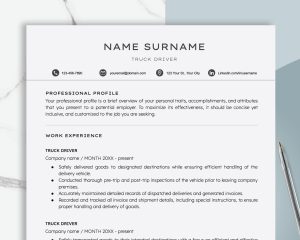 Truck Driver Resume Template For Google Docs And Word - Delivery Driver CV Masculine Resume Template For Men