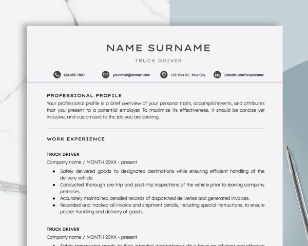 Truck Driver Resume Template For Google Docs And Word - Delivery Driver CV Masculine Resume Template For Men