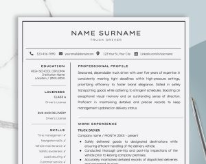 Masculine Resume Template For Truck Driver Google Docs And Word - CV Template for Men