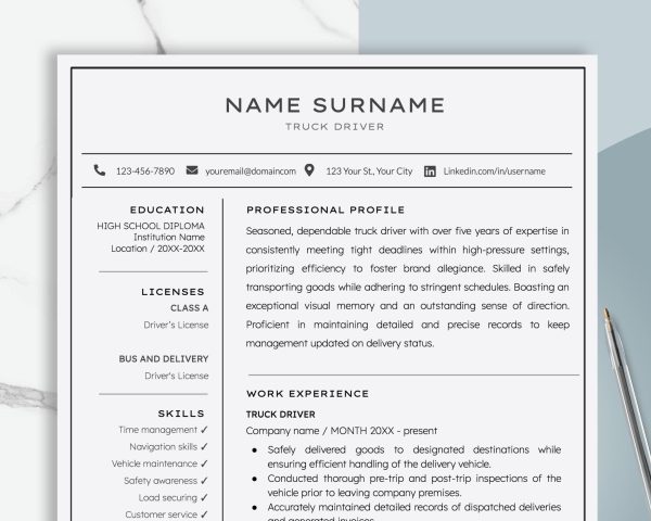 Masculine Resume Template For Truck Driver Google Docs And Word - CV Template for Men