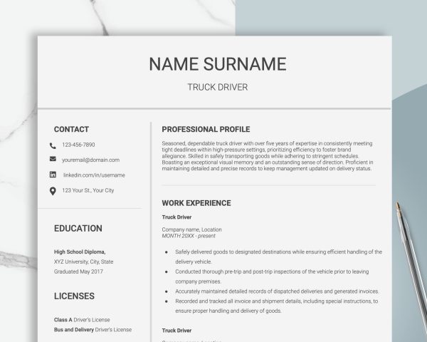 Truck Driver Resume Template For Google Docs And Word - Masculine CV Template Men For Delivery Driver