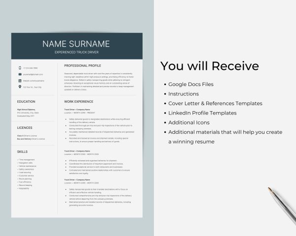 Google Docs Resume Template for Truck Driver or Delivery Driver - Masculine Resume Template - Image 2