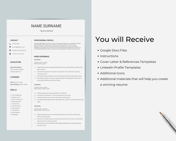 Truck Driver Resume Template For Google Docs And Word - Masculine CV Template Men For Delivery Driver - Image 2