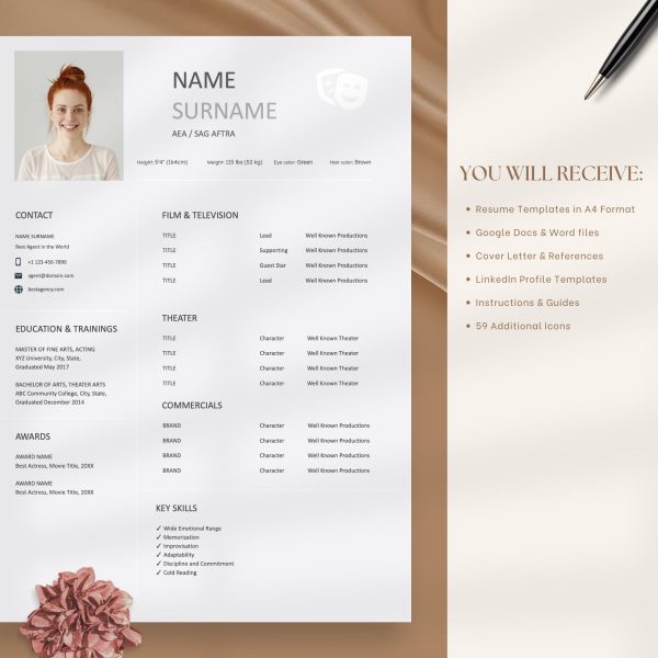 Resume Template for Actor - made in Google Docs & Word Creative and Modern Musical Theatre Acting CV - Image 5