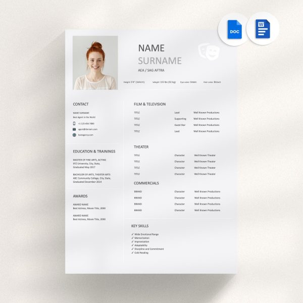 Resume Template for Actor - made in Google Docs & Word Creative and Modern Musical Theatre Acting CV
