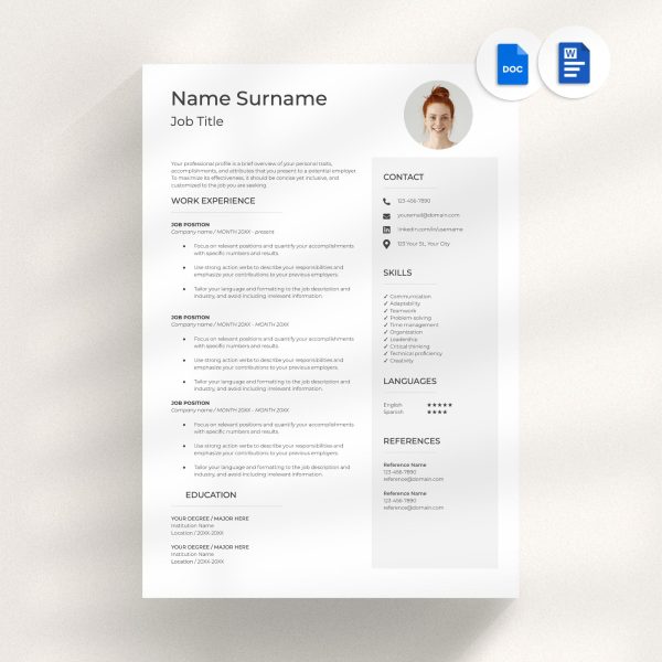 Professional Resume Template with photo Cv Template Resume Google Docs & Word Modern Resume Templates 2025 Minimalist CV