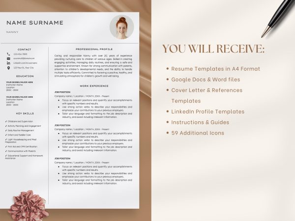 Nanny Resume Template - Professional Designs for Nannying Babysitting and Self-Employed Nannies Google Docs and Word - Image 2
