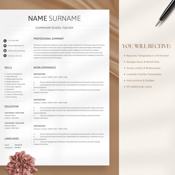 Teacher Resume Template Word Google Docs Teaching Resume Resume Template CV Teacher Professional High School Resume - Image 5