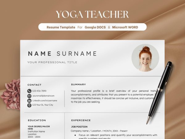 Simple Modern Minimalist Resume Template Word Google Docs Resume Template with Free Cover Letter Executive Resume Yoga Teacher Clean