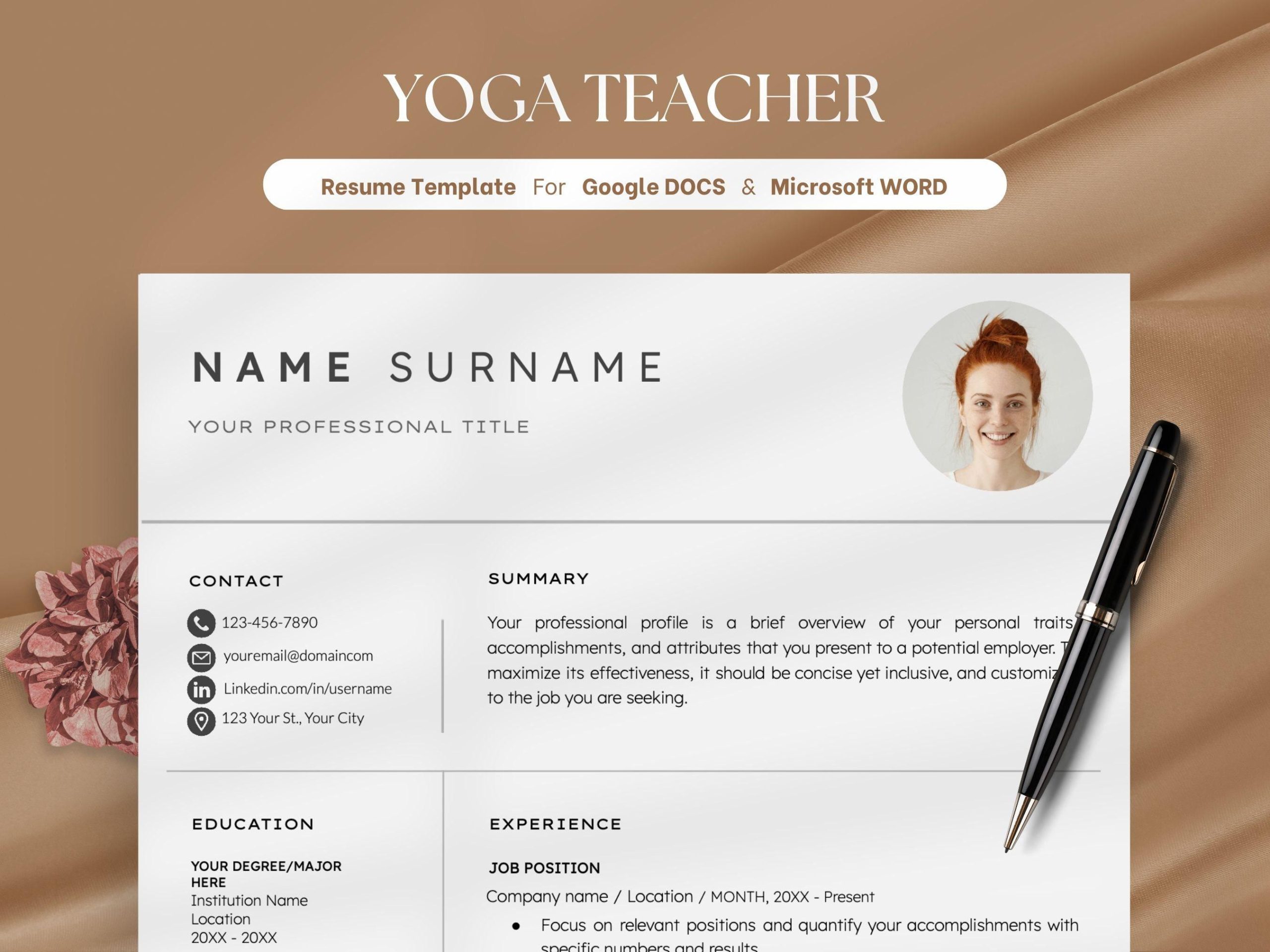Simple Modern Minimalist Resume Template Word Google Docs Resume Template with Free Cover Letter Executive Resume Yoga Teacher Clean