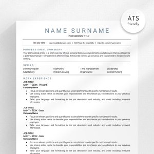 ATS Friendly Resume Template Word Google Docs ATS Resume ATS Cv Resume Template Minimalist Resume Simple Resume Basic Resume