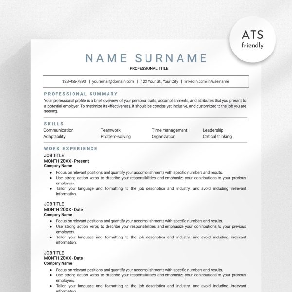 ATS Friendly Resume Template Word Google Docs ATS Resume ATS Cv Resume Template Minimalist Resume Simple Resume Basic Resume