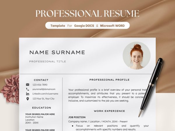 Professional Resume Template with photo Cv Template Resume Google Docs & Word Modern Resume Templates 2025 Minimalist CV